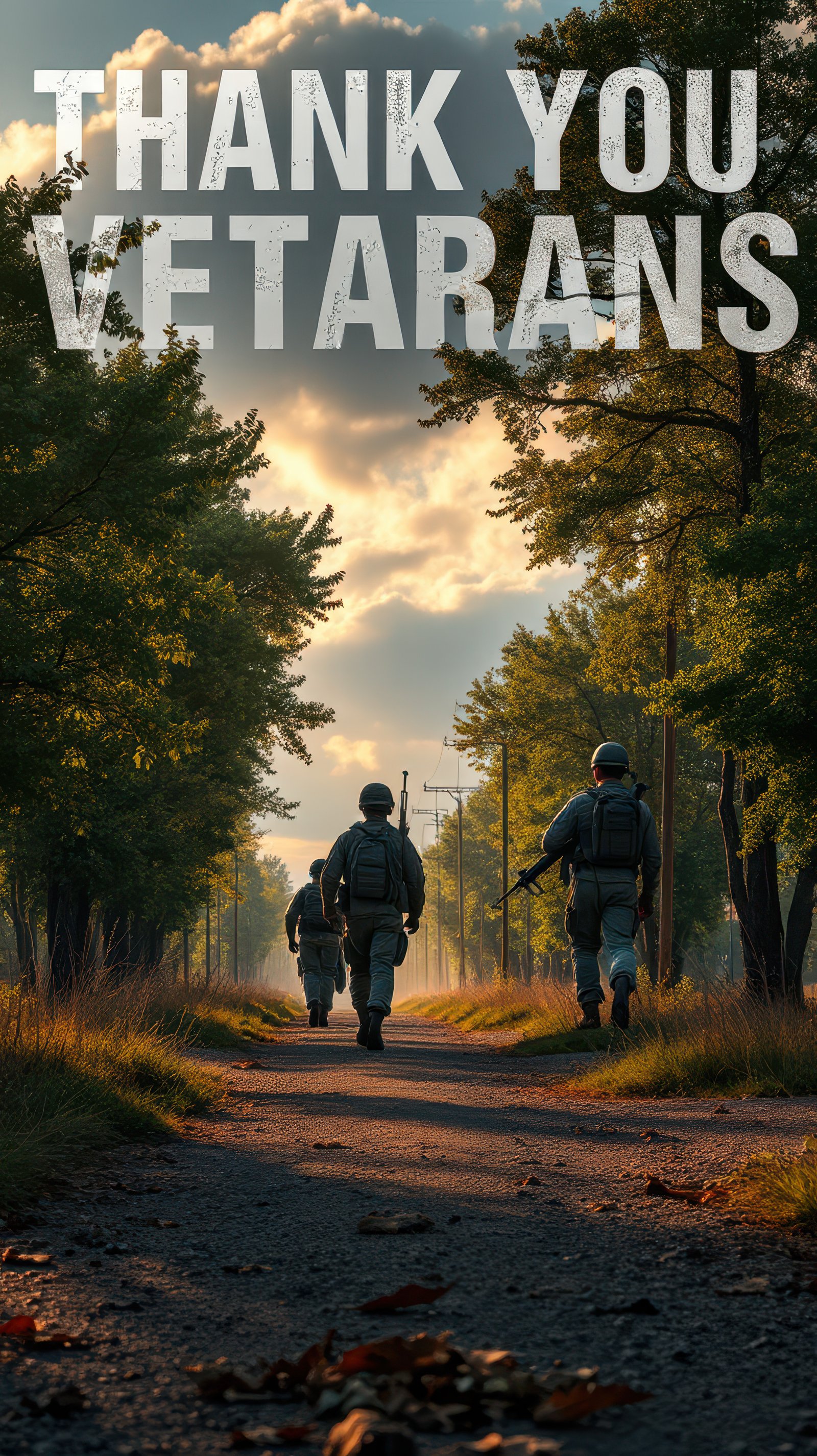 Soldiers walking down a tree-lined path during golden hour, honoring veterans with a message of gratitude